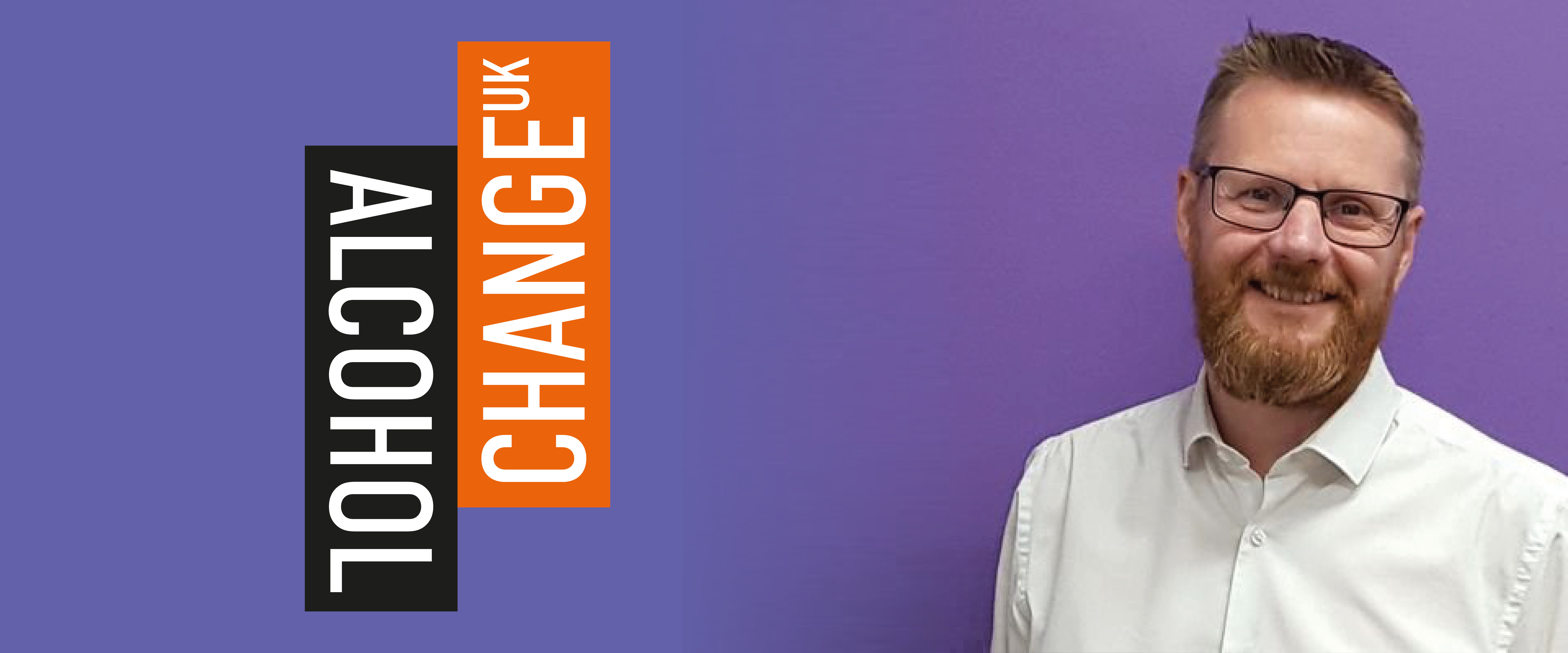 A man in a white shirt and glasses smiles at the camera. Text reads: ALCOHOL CHANGE UK.
