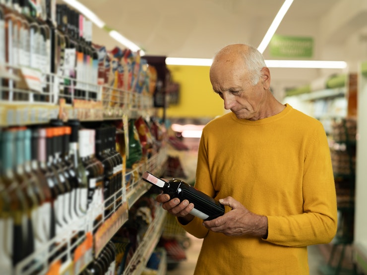 Elderly man chooses wine in the supermarket. Senior man reads the label on a bottle of wine before buying.